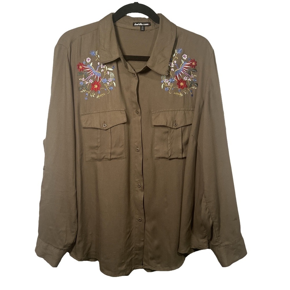 CHARLOTTE RUSSE Size 1X Olive Green Embroidered Blouse